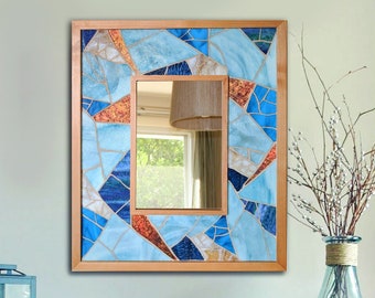 Large Blue Mosaic Mirror, Coastal Wood and Glass Beach Nautical Wall Art, Scandinavian Wall Decor