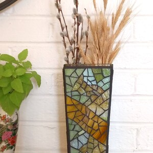 Tall Rustic Glass Vase, Handmade Candle Holder Lantern, Recycled Glass Mosaic Decorative Vase 9 inch image 6
