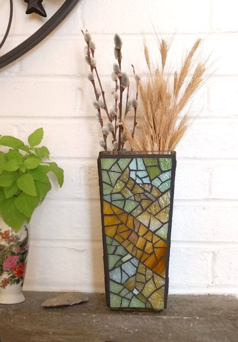 Tall Rustic Glass Vase, Handmade Candle Holder Lantern, Recycled Glass Mosaic Decorative Vase 9 inch image 6