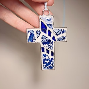 Blue Cross Broken China Ornament, Mosaic Cross Pendant