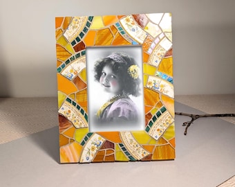 4x6 Handmade Mosaic Picture Frame, Recycled Bright Orange Yellow Broken China Art