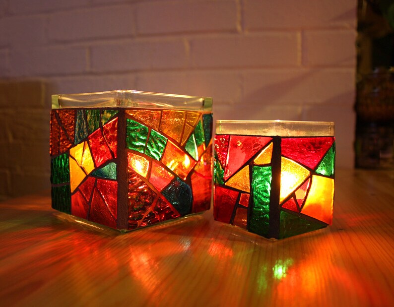 Mosaic Candle Holder Stained Glass Rustic Red Green Candle Etsy