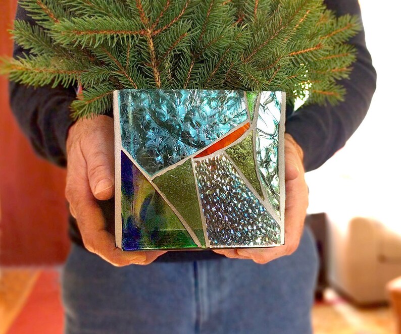 Large Stained Glass Terrarium Iridescent Mosaic Candle Holder Etsy