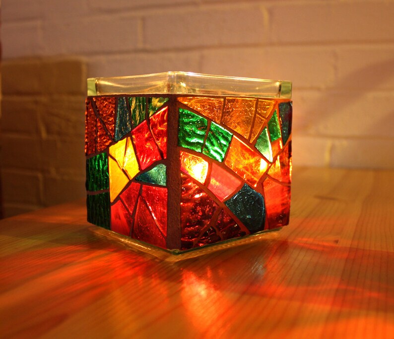 Mosaic Candle Holder Stained Glass Rustic Red Green Candle Etsy Canada