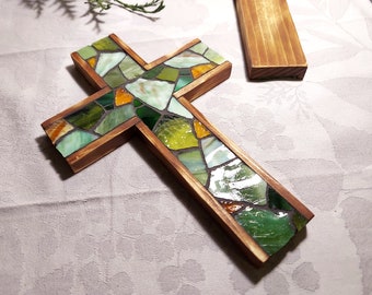 Primitive Wooden Wall Cross, Rustic Green Moss Earthy Mosaic Cross Wall Decor 9"