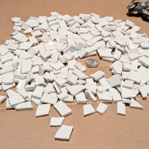 May include: A large collection of small, irregular white ceramic mosaic tiles scattered across a surface. A single silver US quarter coin is placed near the center for scale, and a pair of metal tile nippers is visible in the upper right corner.