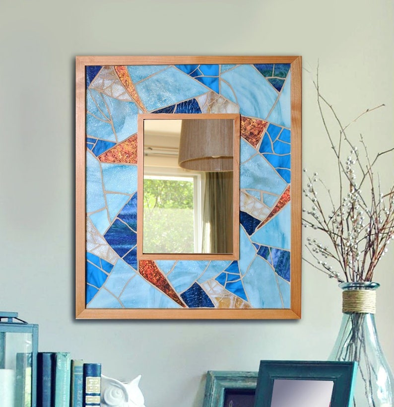 Stained Glass Mosaic Mirror Large Blue Beach Wall Hanging Coastal Decor Nautical Art Wooden With