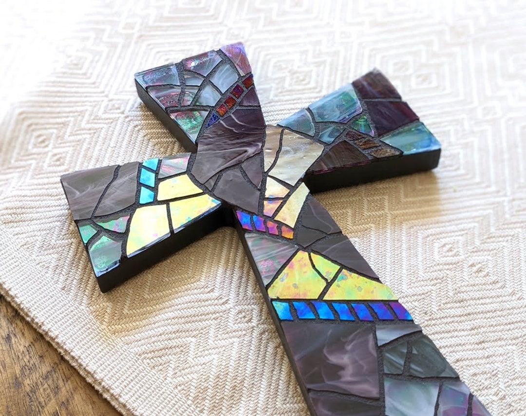 Iridescent Mosaic Cross Wall Art, Modern Purple Stained Glass Cross