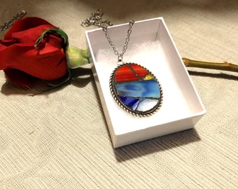 Handmade Mosaic Oval Pendant, Iridescent Stained Glass Necklace Jewelry