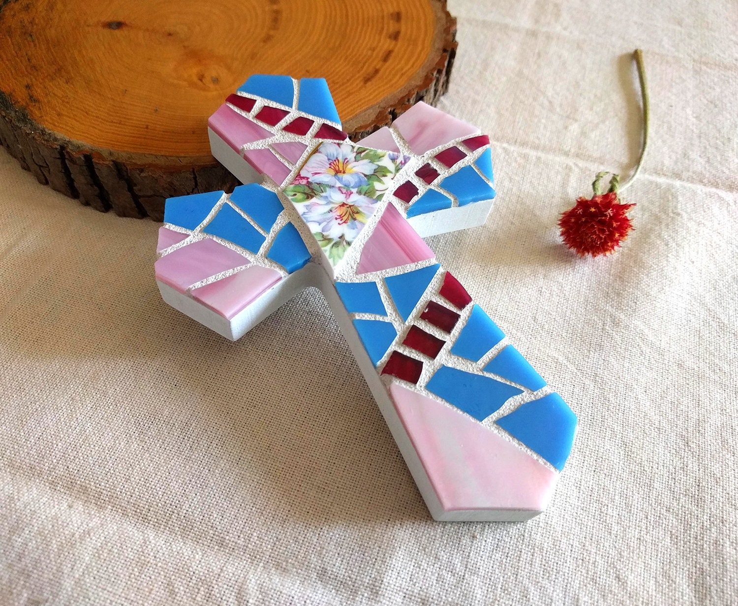 Small Pink Wall Cross with Stained Glass Mosaic Girl Baptism Etsy