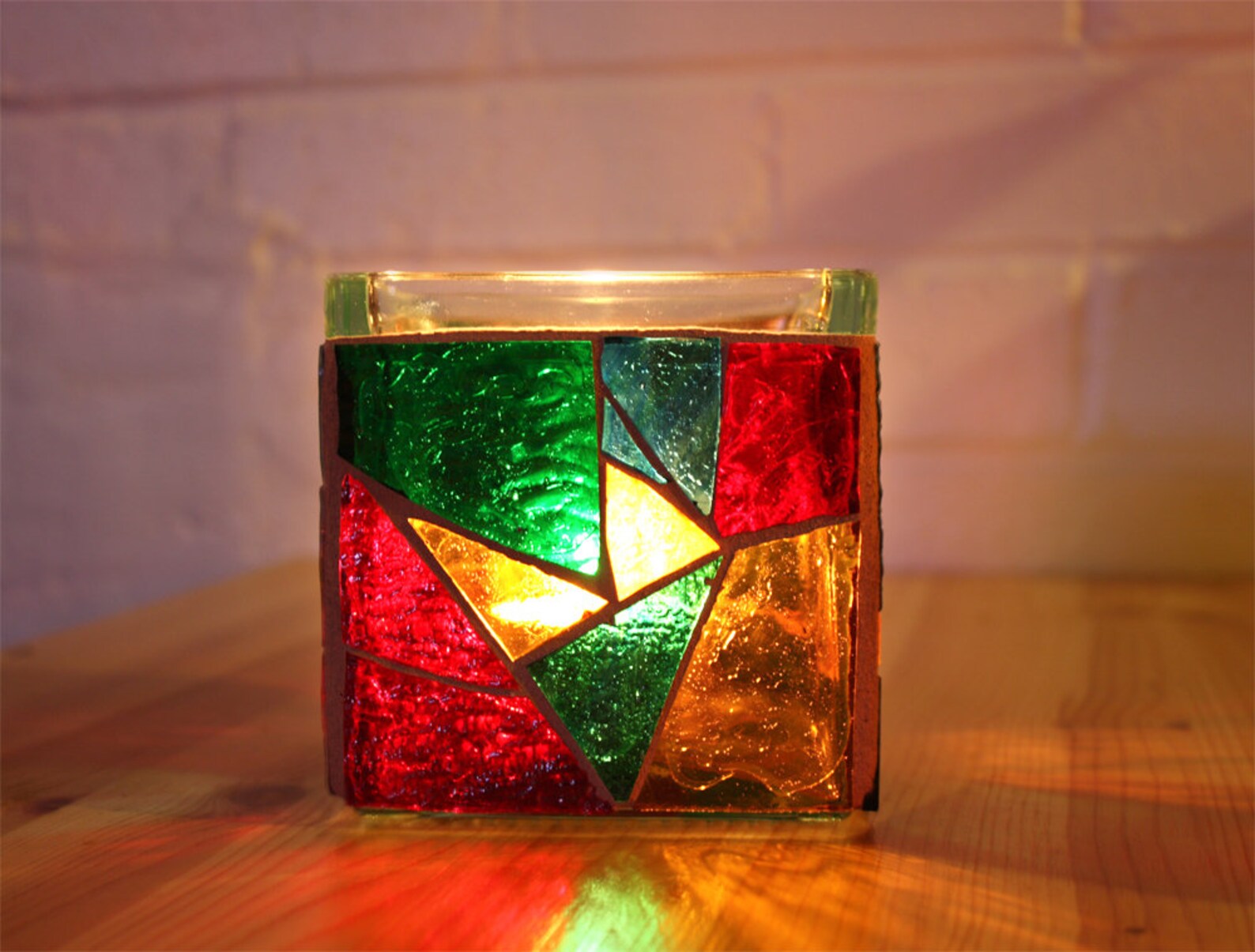 Mosaic Candle Holder Stained Glass Rustic Candle Holder Red Etsy