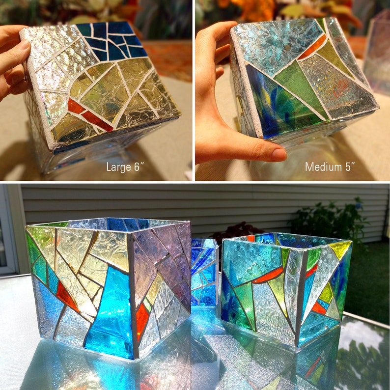 Large Stained Glass Terrarium Iridescent Mosaic Candle Holder Etsy