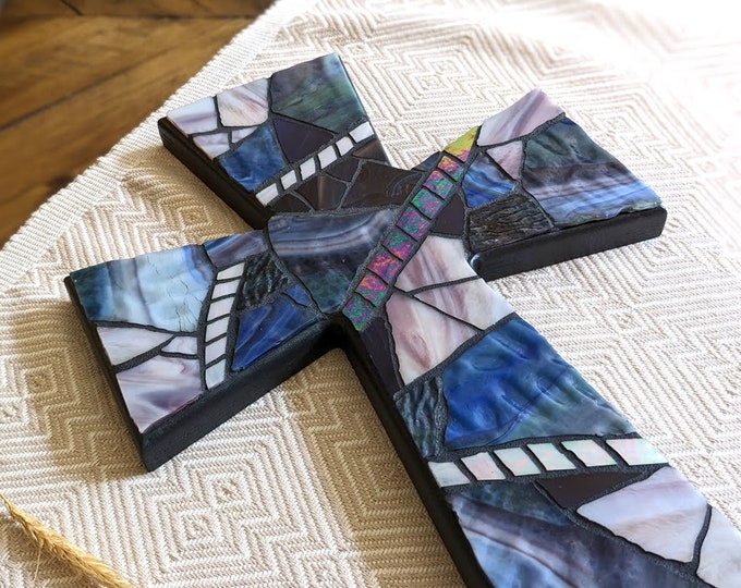 Large Rustic Mosaic Cross Wall Decor, Black Navy Stained Glass Wall