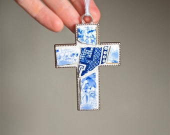 Blue Cross Broken China Ornament, Mosaic Cross Pendant