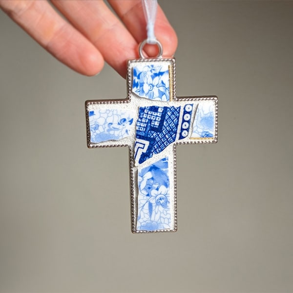 Blue Cross Broken China Ornament, Mosaic Cross Pendant