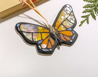 Yellow Orange Butterfly Mosaic Ornament, Iridescent Stained Glass Butterfly Art
