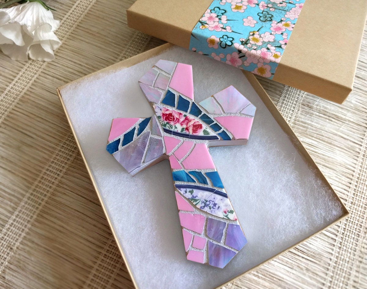 Small Pink Wall Cross with Stained Glass Mosaic Girl Baptism Etsy