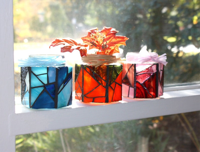 Mosaic Candle Holder Stained Glass Rustic Candle Holder Red Etsy