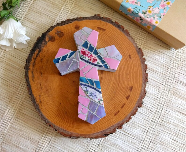 Small Pink Wall Cross with Stained Glass Mosaic Girl Baptism Etsy