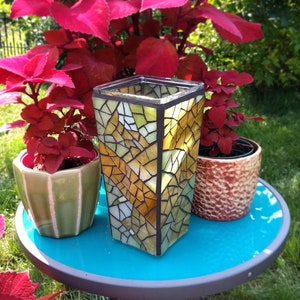 Tall Rustic Glass Vase, Handmade Candle Holder Lantern, Recycled Glass Mosaic Decorative Vase 9 inch image 3