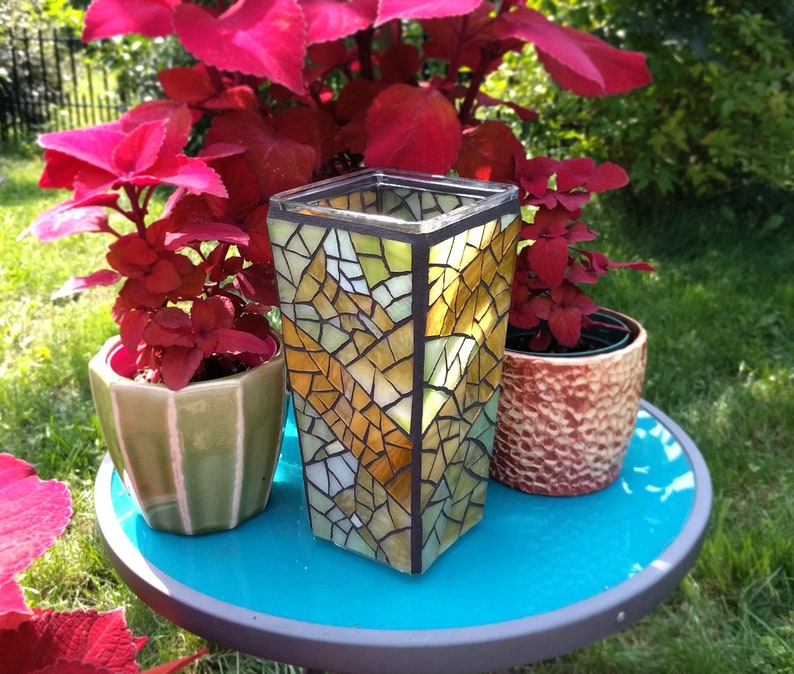 Tall Rustic Glass Vase, Handmade Candle Holder Lantern, Recycled Glass Mosaic Decorative Vase 9 inch image 3