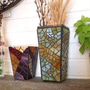 Tall Rustic Glass Vase, Handmade Candle Holder Lantern, Recycled Glass Mosaic Decorative Vase 9 inch image 8