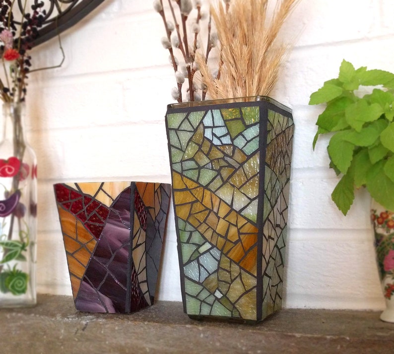 Tall Rustic Glass Vase, Handmade Candle Holder Lantern, Recycled Glass Mosaic Decorative Vase 9 inch image 8