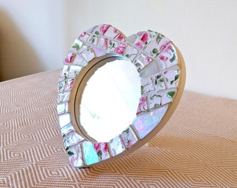 Pink Mosaic Mirror Heart, Small Stained Glass Tabletop Mirror, Upcycled Broken China Art