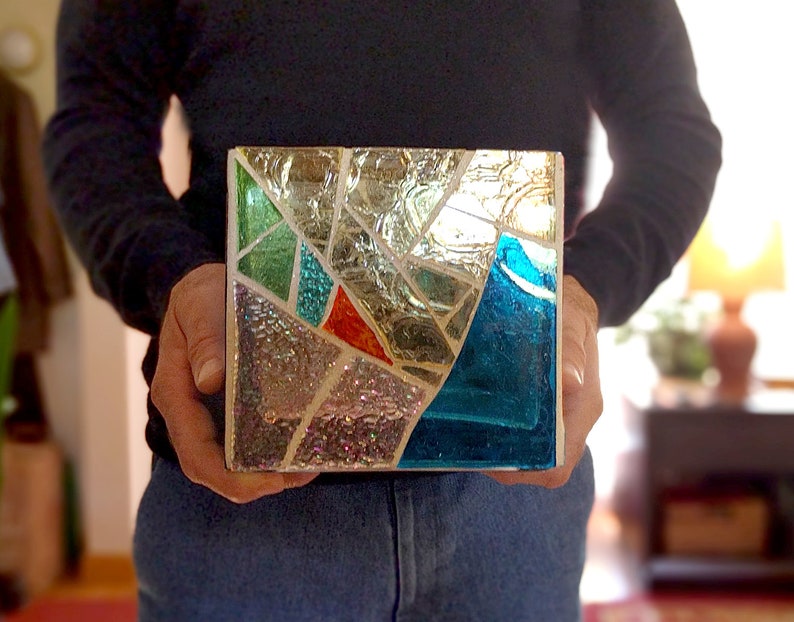 Large Stained Glass Terrarium Iridescent Mosaic Candle Holder Etsy