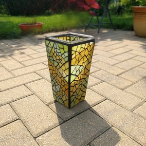 Tall Rustic Glass Vase, Handmade Candle Holder Lantern, Recycled Glass Mosaic Decorative Vase 9 inch image 1