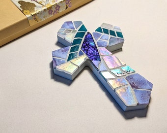 Mosaic Cross Small Purple Teal, Iridescent Stained Glass Cross Wall Decor Hanging 6"