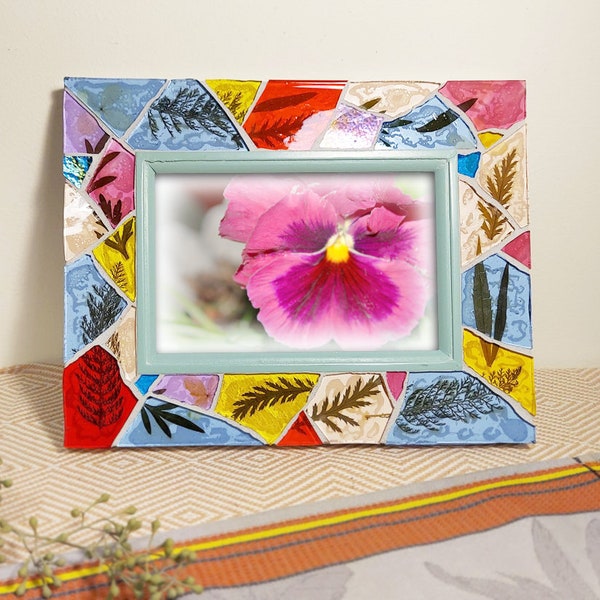 Mosaic Picture Frame with Dry Pressed Leaves, Stained Glass Photo Frame 4x6 Horizontal, Recycled Art