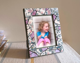 Handmade Picture Frame with Oriental Pink Rose Broken China, Recycled Green Wooden Frame with Pink Teal Stained Glass Mosaic 5x7 Photo