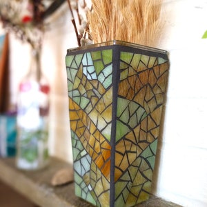 Tall Rustic Glass Vase, Handmade Candle Holder Lantern, Recycled Glass Mosaic Decorative Vase 9 inch image 5