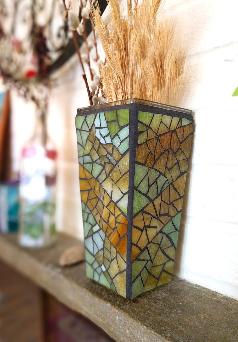 Tall Rustic Glass Vase, Handmade Candle Holder Lantern, Recycled Glass Mosaic Decorative Vase 9 inch image 5