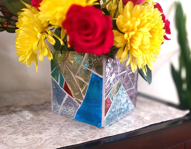 Large Stained Glass Terrarium Iridescent Mosaic Candle Holder Etsy