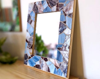 Rustic Coastal Mirror, Stained Glass Mosaic Nautical Mirror, Recycled Beach Glass Wall Decor