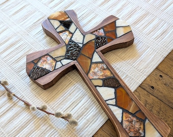Rustic Wooden Cross Wall Decor, Stained Glass Mosaic Cross Decorative Hanging 12"