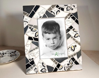 Black & White Mosaic Picture Frame, Upcycled Floral China Photo Frame 5x7