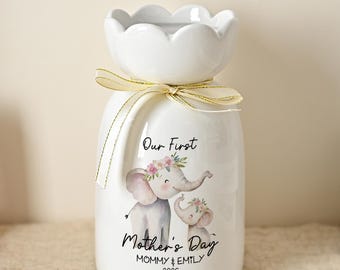 Our First Mother's Day Flower Vase,Personalized Mom Gift From Daughter,Birthday Vase For Mom,First Time Mom Vase,Cute Elephant Family Gifts