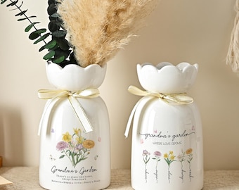 Grandma's Garden Flower Vase,Personalized Birth Flower Vase With Kids Name,Mother's Day Gift Vase,Birthday Gift For Mama Nana,Home Decor