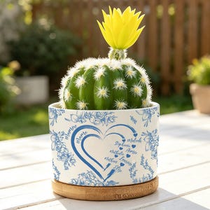 Peut inclure: Un cactus vert avec une fleur jaune dans un pot en céramique blanc. Le pot présente des motifs floraux bleus et un motif en forme de cœur avec des noms. Le pot repose sur une soucoupe en bois.