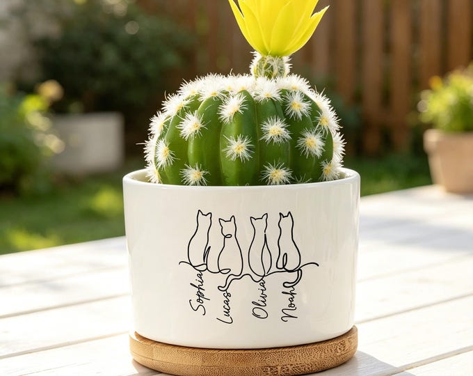 Cute Cats Line Art Flower Pot,Custom Cat's Name Plant Pot,Gift For Cat Lover,Cat Memorial Gift,Personalized Cat Mom Gifts,Cat Owner Gifts