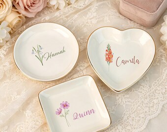 Personalisierte Geburt Blume Trinket Dish, Aquarell Schmuck Tablett, Hochzeit Brautjungfer Ring Dish, Geburtstagsgeschenk für Bestie, Brautdusche Geschenke