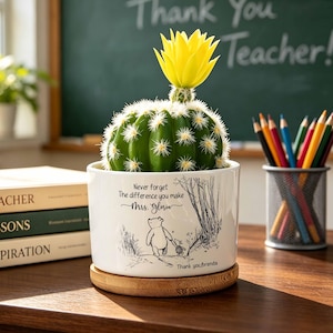 May include: A green cactus with a bright yellow flower in a white ceramic planter on a bamboo base. The planter features a black line drawing of Winnie the Pooh and Piglet with the text: Never forget The difference you make Mrs. Gloria.