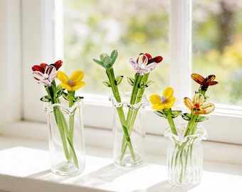 Glass Birth Month Flower Figurine,Mini Glass Flower Bouquet Set,Mothers Day Gift,Glass Art Table Centerpiece,Housewarming Gift,Birthday Gift