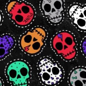 May include: A repeating pattern of colourful skull patches on a black background. The skulls are in various colours, including red, orange, green, purple, grey, and white, with stitched outlines and dotted borders. Some skulls have the word "FUNK" on them.