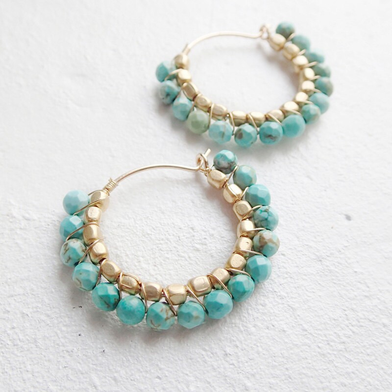 Turquoise hoop earrings Boho style K14gf | Etsy