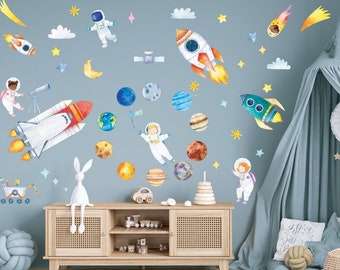 Space wall decals, Nursery wall decal, Watercolor Space wall stickers, Astronaut decals, Boys Bedroom decal, Boys room decal, Science Room