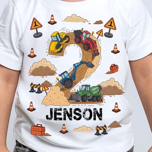 Personalised Construction Birthday Shirt for Boys – Custom Name,  Age Digger – Toddler Boys Age 2 Builder Party – Tractor & Truck Themed Tee